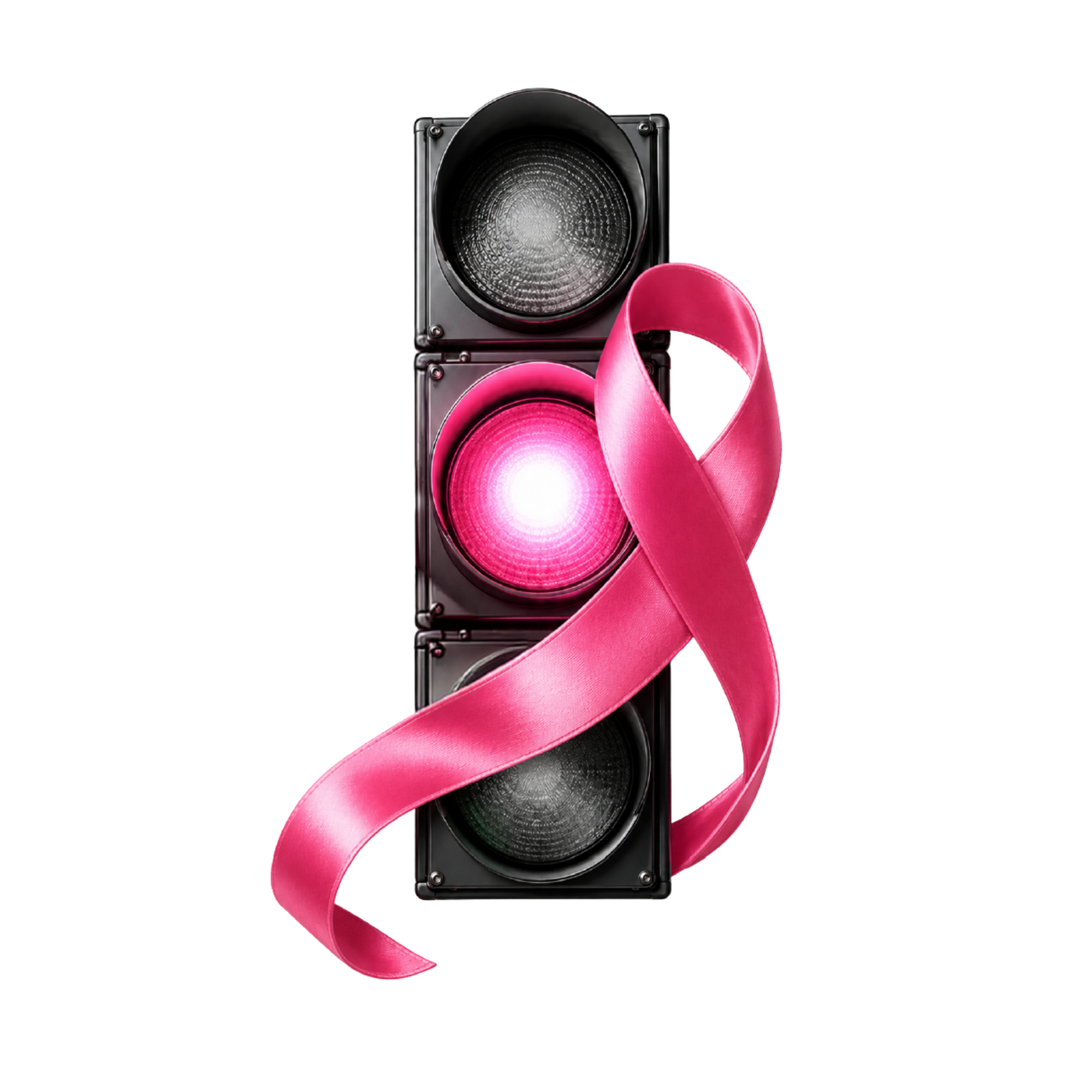 Traffic light wrapped with pink breast cancer awareness ribbon